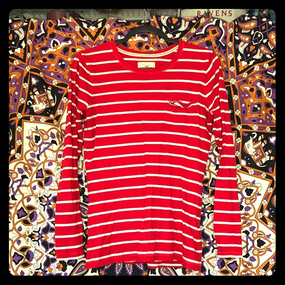 Red Long-sleeved striped Hollister shirt.